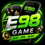E98 Game logo with neon green gaming background, smartphone display, playing cards, and casino-style elements representing mobile gaming entertainment