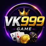 VK999 Game feature image with bold logo, golden crown, glowing purple background, and modern mobile gaming theme.