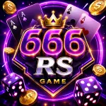 666 RS Game showing glowing purple and gold 3D text, playing cards, dice, coins, and a crown on a dark vibrant gaming background