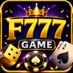 F777 Game feature image showing a glossy gold 3D “F777” logo with a crown on top, set against a dark purple casino-style background with dice, playing cards, and poker chips