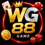 Gold and silver WG 88 GAME logo with a crown on top, surrounded by casino elements like playing cards, dice, chips, and a rupee coin on a dark red glowing background