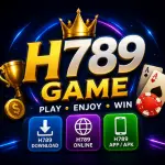H789 Game promotional feature image showing bold gold “H789 GAME” text with crown, neon gaming background, and icons for download, online play, and app APK access