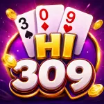 HI 309 Game feature icon with bold 3D text, playing cards, golden coins, glowing purple background, and vibrant casino-style design