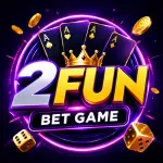 Neon 2FUN Bet Game feature image with gold 3D logo, cards, dice, coins, and crown on a purple casino-style background