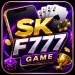 SK F777 Game feature image with casino-style gold text, playing cards, dice, coins, and a smartphone on a neon purple background
